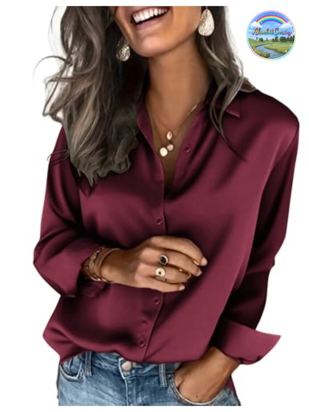 Satin Button Down Shirt Long Sleeve Blouse for Office
